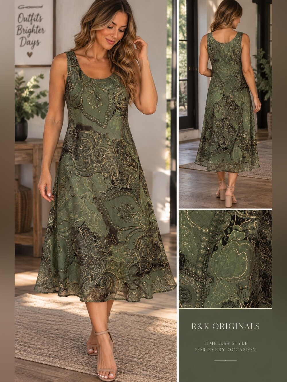 R&K Originals Size 12 Green Paisley Midi Dress Metallic Gold Y2K Boho Vintage